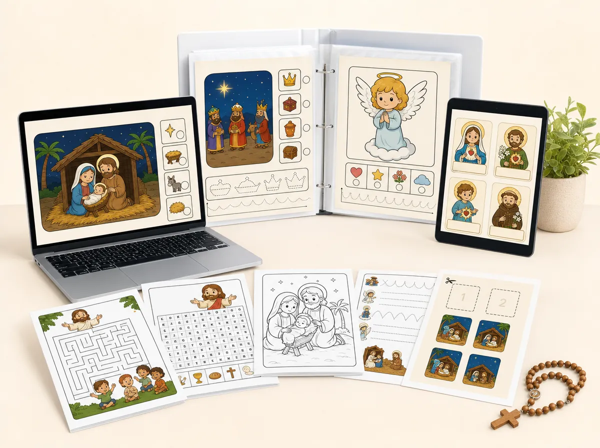 Mockup do Combo Catequese: materiais impressos, notebook e tablet com as atividades